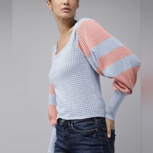 Roadster Striped Blue and Pink Bishop Sleeve Crotch Knit Sweater